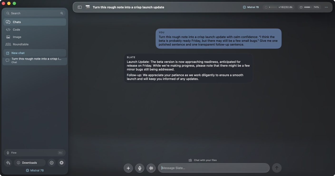 Slate chat: a local model answering next to an attached file, with the conversation history in the sidebar