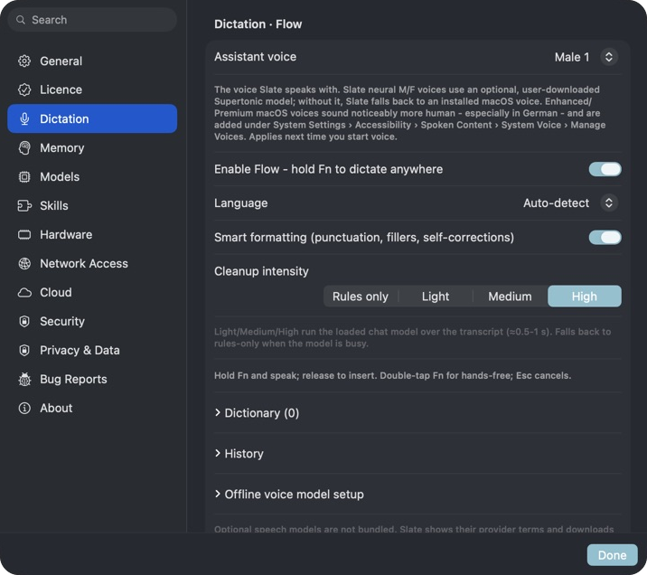 Slate Flow: a compact dictation bar over another app, inserting cleaned text at the cursor