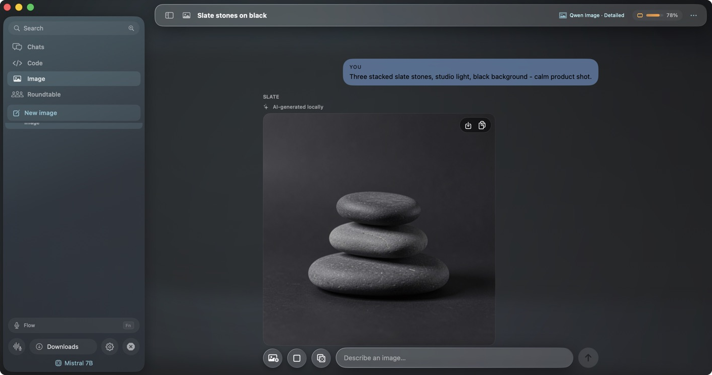Slate image generation: a locally generated picture with prompt and seed controls beside it