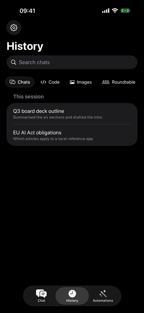 History in Slate Remote: a search field, four glass capsules for Chats, Code, Images and Roundtable, and past conversations grouped beneath them