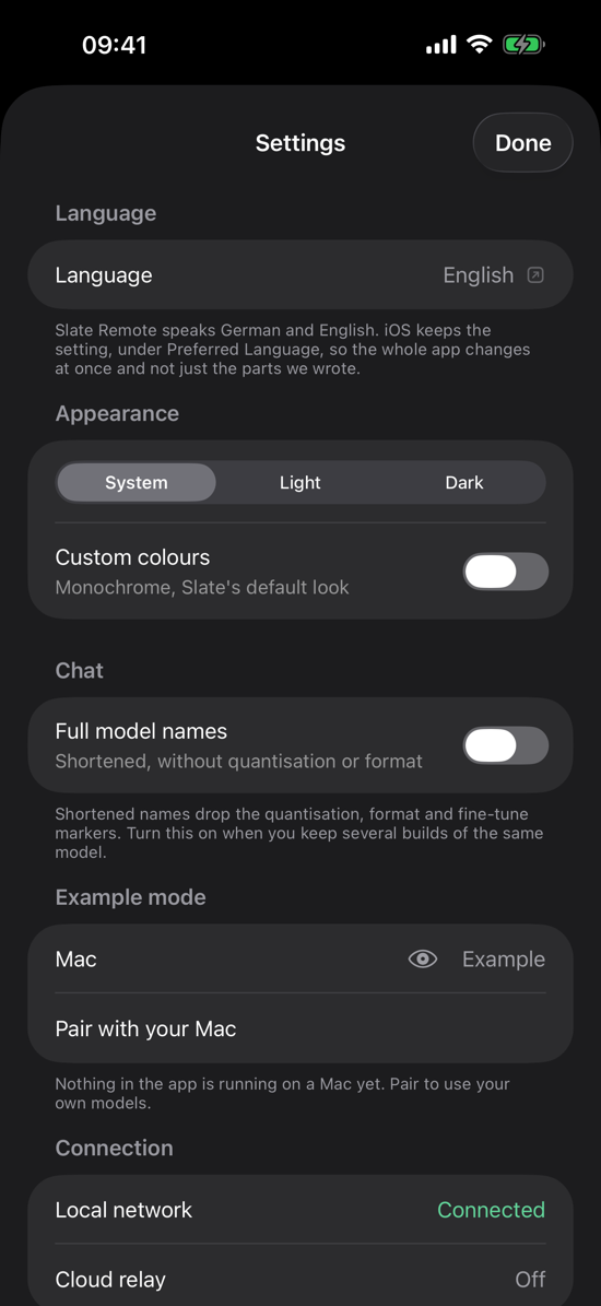 Slate Remote settings as a sheet: language, appearance, model name length, the paired Mac, and a connection section stating that nothing is sent to a server