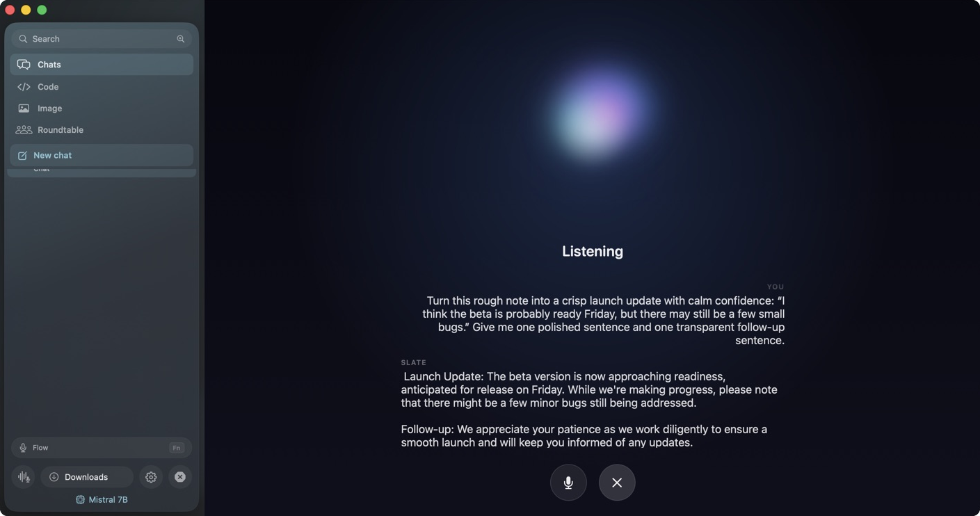 Slate voice mode: a live waveform and turn indicator during a spoken conversation with a local model
